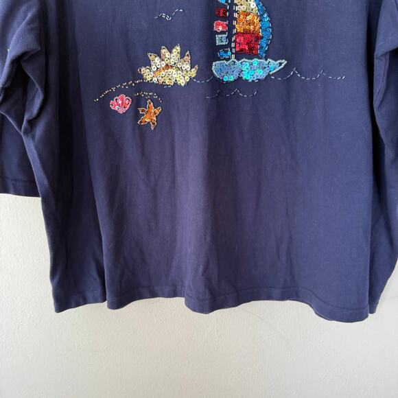 Quacker Factory Sequin Sailing Nautical Navy Blue Pullover - Picture 5 of 10